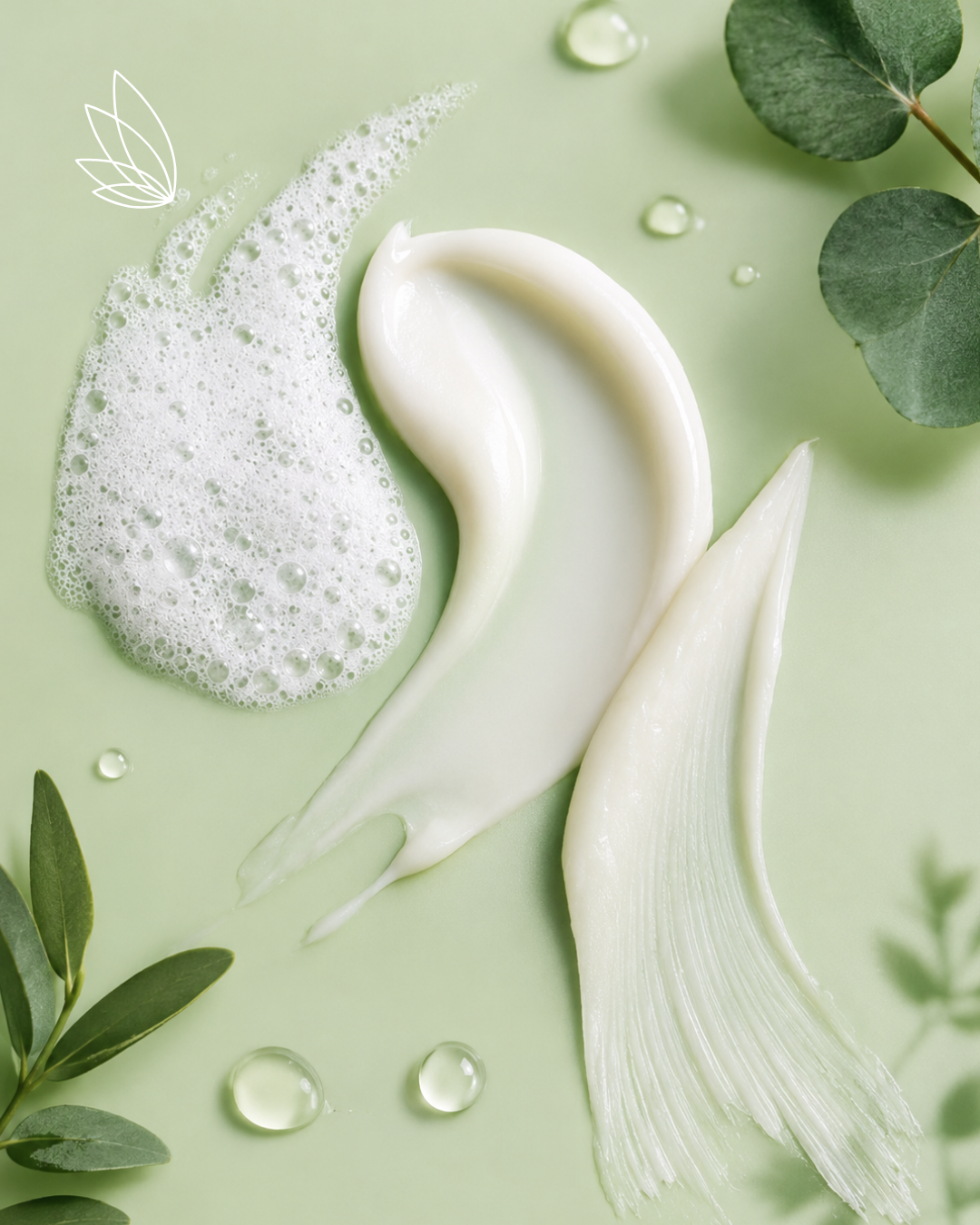 Textura sensorial — creme e espuma sobre fundo verde botânico