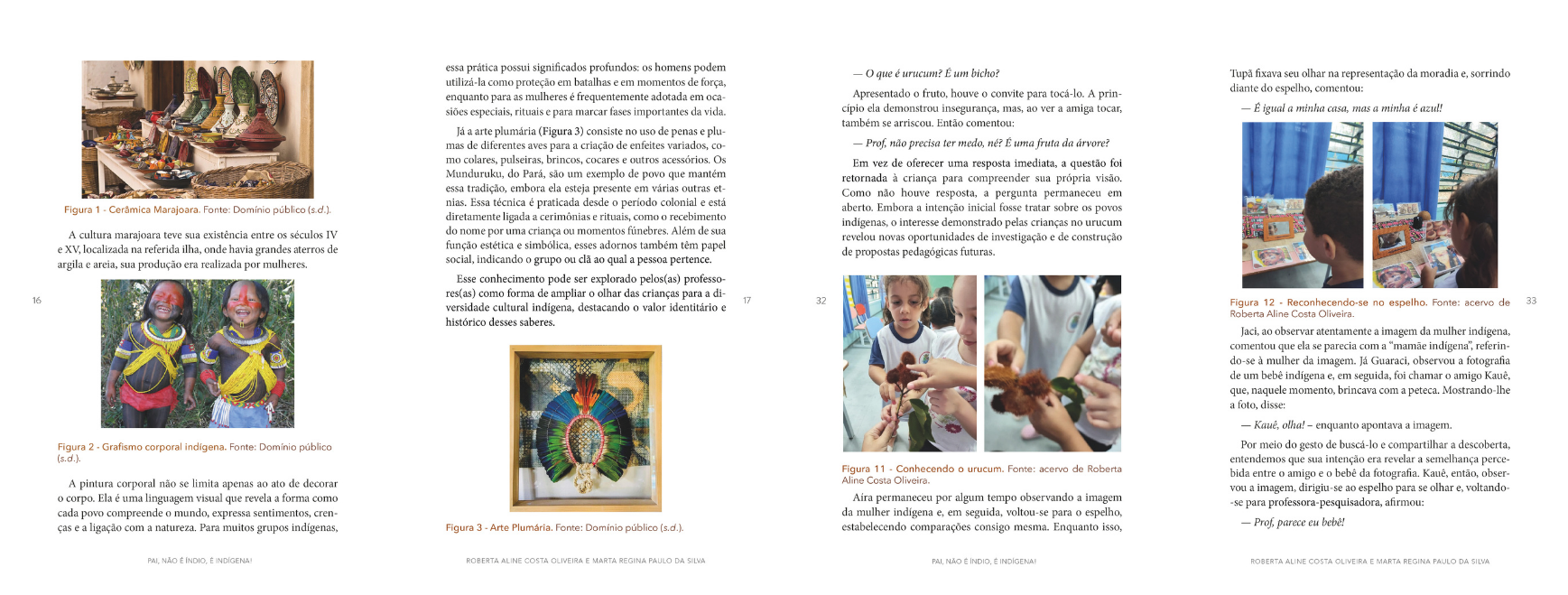 Spreads internos — cerâmica marajoara, grafismo corporal, arte plumária e a vivência de conhecer o urucum