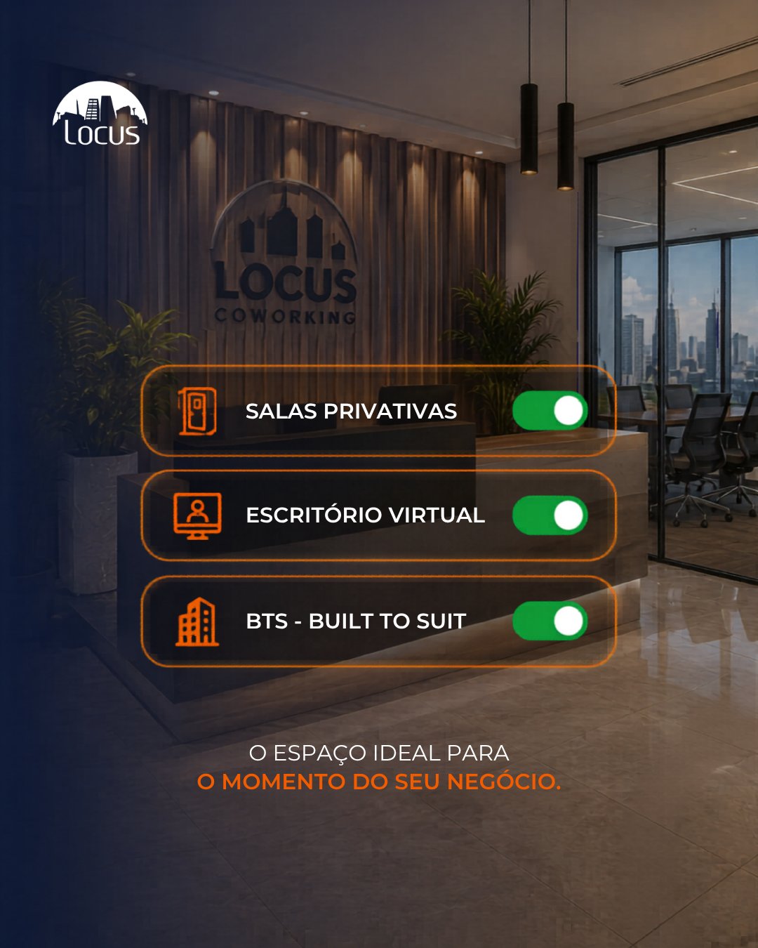 O espaço ideal para o momento do seu negócio — salas privativas, escritório virtual e built to suit